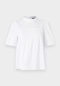 Λευκό μπλουζάκι με κοντά μανίκια, ψηλό λαιμόκοψη, κάθετες πιέτες στο στήθος και ελαφρώς φαρδύ τελείωμα.