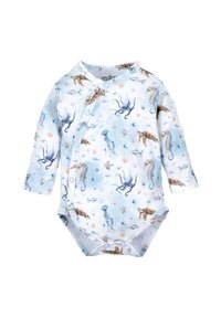 Lange mouwen baby rompertje met drukknoopsluitingen, versierd met blauwe en bruine zeedieren zoals octopussen, zeepaardjes, schildpadden en vissen.
