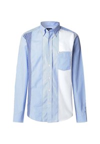 Camicia button-down a righe blu e bianche con diverse larghezze delle righe, una tasca sul petto e colletto arrotondato. Materiale in cotone.