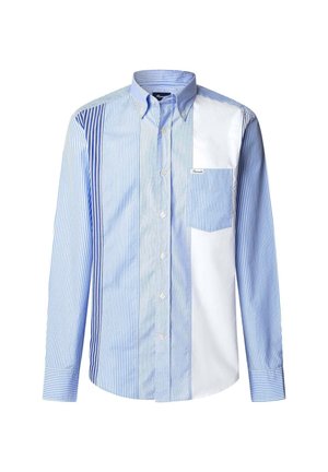 Blue and white striped button-up shirt with varying stripe widths, a single chest pocket, and a rounded collar. Cotton material.