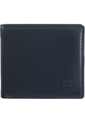 Cartera de cuero azul marino con un diseño de bi-fold, que presenta una textura suave y costuras sutiles. Logo de la marca estampado en la esquina inferior.