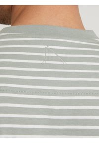 Camisa de manga corta a rayas en verde claro y blanco. Presenta un escote redondo y un pequeño detalle de costura en la parte posterior. Material de algodón suave.