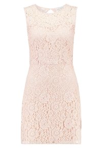 Lace dress in pale pink, sleeveless design, floral pattern, round neckline, keyhole back detail, slim fit, textured fabric.