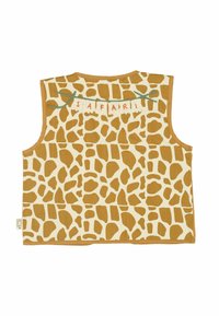 Chaleco con estampado de jirafa en beige y marrón con un detalle de banda "SAFARI". Presenta un diseño sin mangas y una textura de tela suave.
