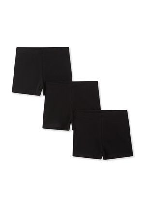 Tre paia di pantaloni corti neri, realizzati in tessuto morbido, con un design semplice e una texture liscia, senza motivi visibili o accessori.