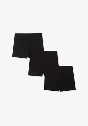 Tre paia di pantaloni corti neri, realizzati in tessuto morbido, con un design semplice e una texture liscia, senza motivi visibili o accessori.