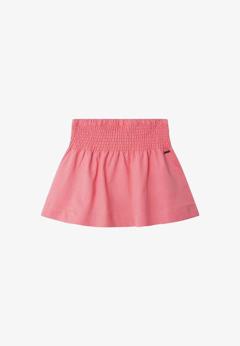 Falda de algodón rosa con cinturilla smock, diseño acampanado y bordes dobladillados. Tela ligera con una textura suave y lisa.