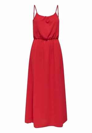 Czerwona długa sukienka bez rękawów z cienkimi ramiączkami, marszczoną talią, zwiewną spódnicą i delikatnym węzłem przy dekolcie.