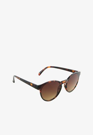 Tortoiseshell zonnebril met een ronde montuur, gradiënt bruine glazen en slanke zwarte veren, met een glanzende afwerking en een zachte textuur.