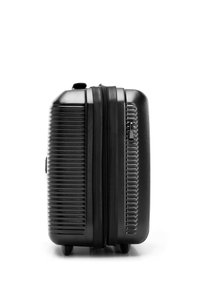 Black hard-shell suitcase with ribbed texture, dual zippers, and four small wheels shown from the side on a white background.