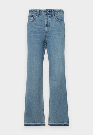 Jeans din denim albastru deschis, evazați, cu talie înaltă, design cu cinci buzunare, estompare subtilă și detalii cusute pe cusături.