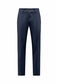 Marineblauwe chinos met een slim fit, gemaakt van zachte katoenen stof. Heeft een ritssluiting, knoopsluiting en standaardzakken. Geen zichtbare patronen.