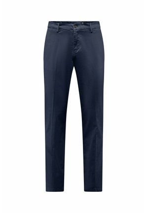 Marineblauwe chinos met een slim fit, gemaakt van zachte katoenen stof. Heeft een ritssluiting, knoopsluiting en standaardzakken. Geen zichtbare patronen.