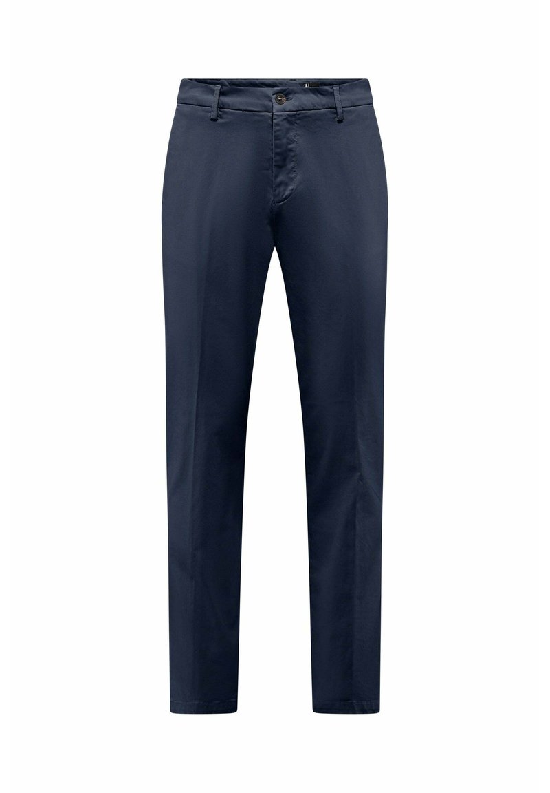 Marineblauwe chinos met een slim fit, gemaakt van zachte katoenen stof. Heeft een ritssluiting, knoopsluiting en standaardzakken. Geen zichtbare patronen.
