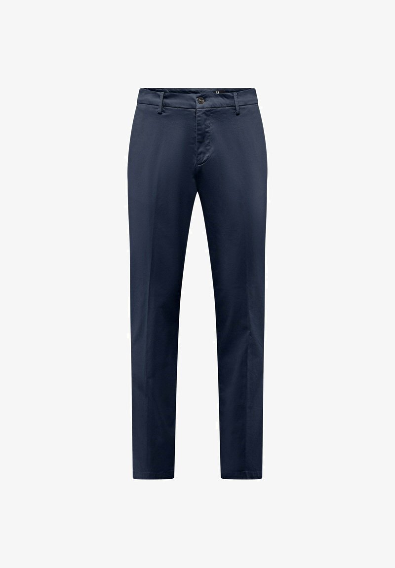 Marinefarbene Chinos mit schlanker Passform, aus glattem Baumwollstoff gefertigt. Mit Reißverschluss, Knopfverschluss und klassischen Taschen. Keine sichtbaren Muster.