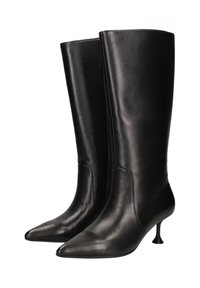 Bottes noires en cuir jusqu'au genou avec un bout pointu et un talon mince, présentant une texture lisse et un minimum de détails de couture.