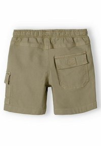 Khaki szorty z elastycznym pasem, dwiema kieszeniami z tyłu i kieszenią boczną na ładunek. Wykonane z wytrzymałego materiału bawełnianego, o gładkiej teksturze.