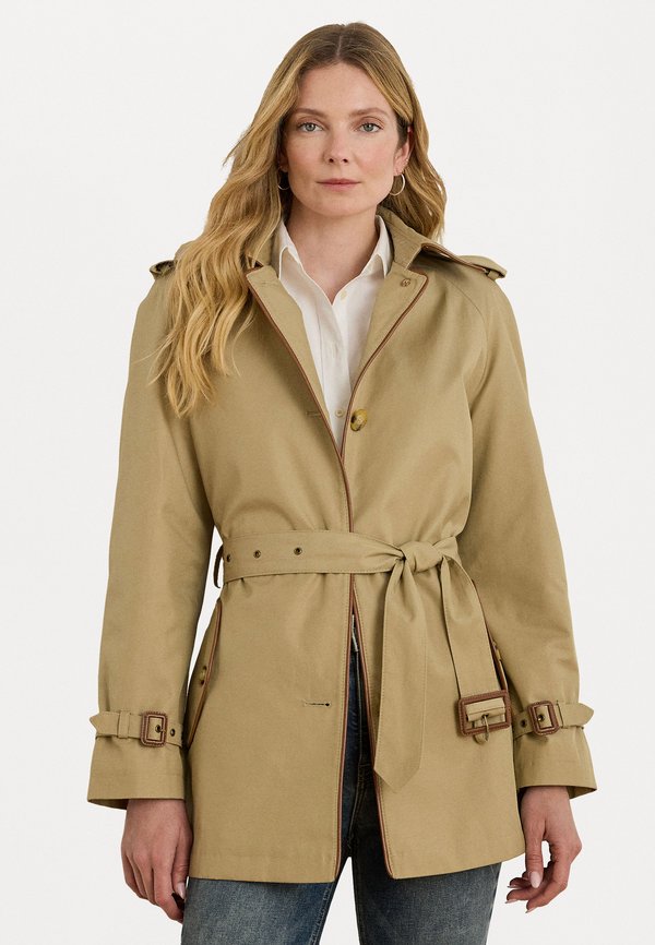 FAUX LEATHER TRIM TRENCH COAT - Trenchcoat - beige