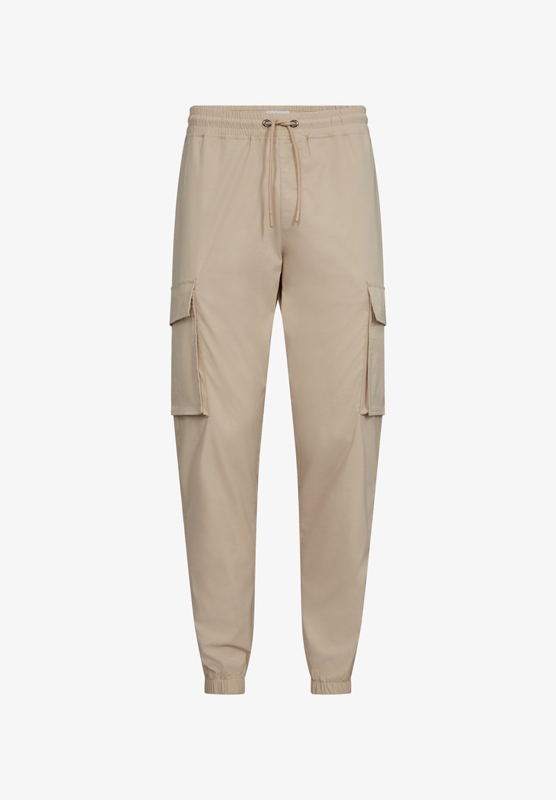 Beige cargobroek met een elastische tailleband, trekkoord en twee zijzakken. Gemaakt van een gladde stof met een taps toelopend ontwerp.