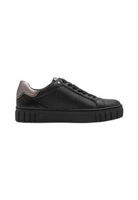 Black sneakers featuring a textured upper with a patterned design, a round toe, black rubber sole, and metallic accent on the heel.