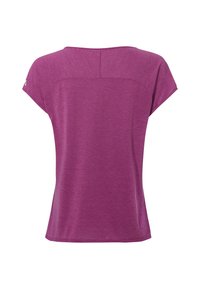 Haut de sport pour femme à manches courtes, de couleur violette, avec une coupe ample et une couture traversant le haut du dos.
