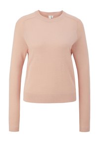 Jasnoróżowy sweter z długimi rękawami, okrągłym dekoltem i prążkowanym wykończeniem. Miękka tkanina i gładka tekstura; prosty, minimalistyczny design.