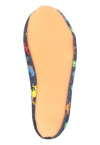 Haussohle für Kinder mit einem beigen Fleece-Innenfutter. Der Außenstoff hat einen navyblauen Hintergrund mit bunten Cartoon-Tiermotiven und einer Zierleiste.