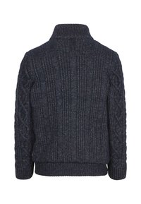 Donkerblauwe gebreide trui met ribbelstructuur en kabelbreipatroon in diamanten op de mouwen, met een hoge kraag en omgeslagen boorden.