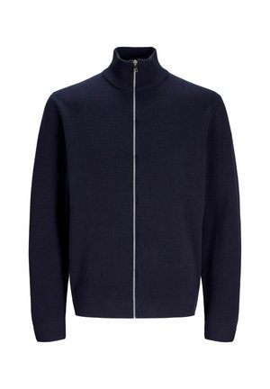 Felpa zip-up blu navy con colletto alto, realizzata in tessuto testurizzato, dotata di zip frontale e polsini aderenti. Design semplice e moderno.