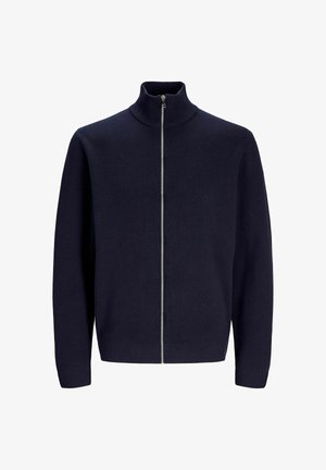 Marineblaues Zip-Up-Sweatshirt mit hohem Kragen, aus strukturiertem Stoff, ausgestattet mit einem Frontreißverschluss und eng anliegenden Bündchen. Einfaches, modernes Design.
