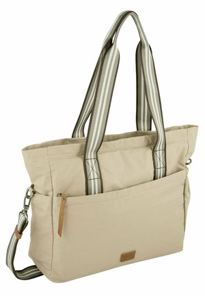 Beige Canvas-Umhängetasche mit gestreiften Stoffgriffen und einem Schultergurt. Verfügt über eine Vordertasche, Lederakzente und genähte Details.