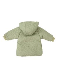 Chaqueta de toddler acolchada en verde claro con capucha y un patrón de costura de flores, con puños acanalados en las mangas, presentada plana mostrando el lado trasero.