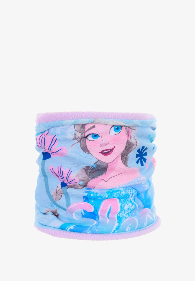 Collo blu chiaro con un'illustrazione stampata di un personaggio con lunghi capelli biondi, circondato da fiori rosa e accenti blu.