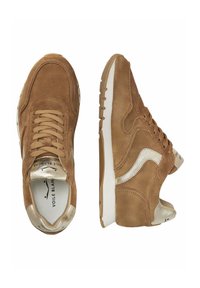 Brown suede sneakers with metallic silver accents, featuring a rounded toe, laces, textured surface, and a white rubber sole.