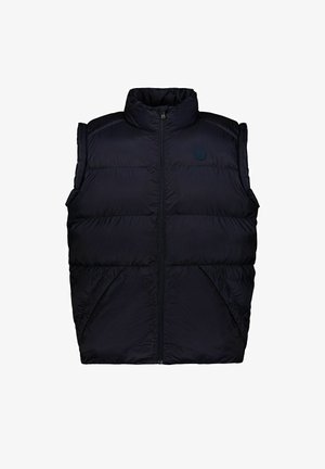 Smanicato imbottito nero trapuntato senza maniche con collo alto, cerniera frontale e due tasche inclinate su sfondo bianco.