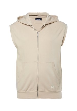 Ärmelloser beiger Kapuzenpullover mit Reißverschluss, Fronttasche, Kapuze und dezent strukturierter Stoff. Auf der unteren Vorderseite befindet sich ein kleines Logo.