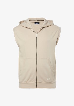 Beżowa bezrękawnikowa bluza na zamek z przednią kieszenią, kapturem i subtelną teksturą materiału. Na dole z przodu znajduje się małe logo.