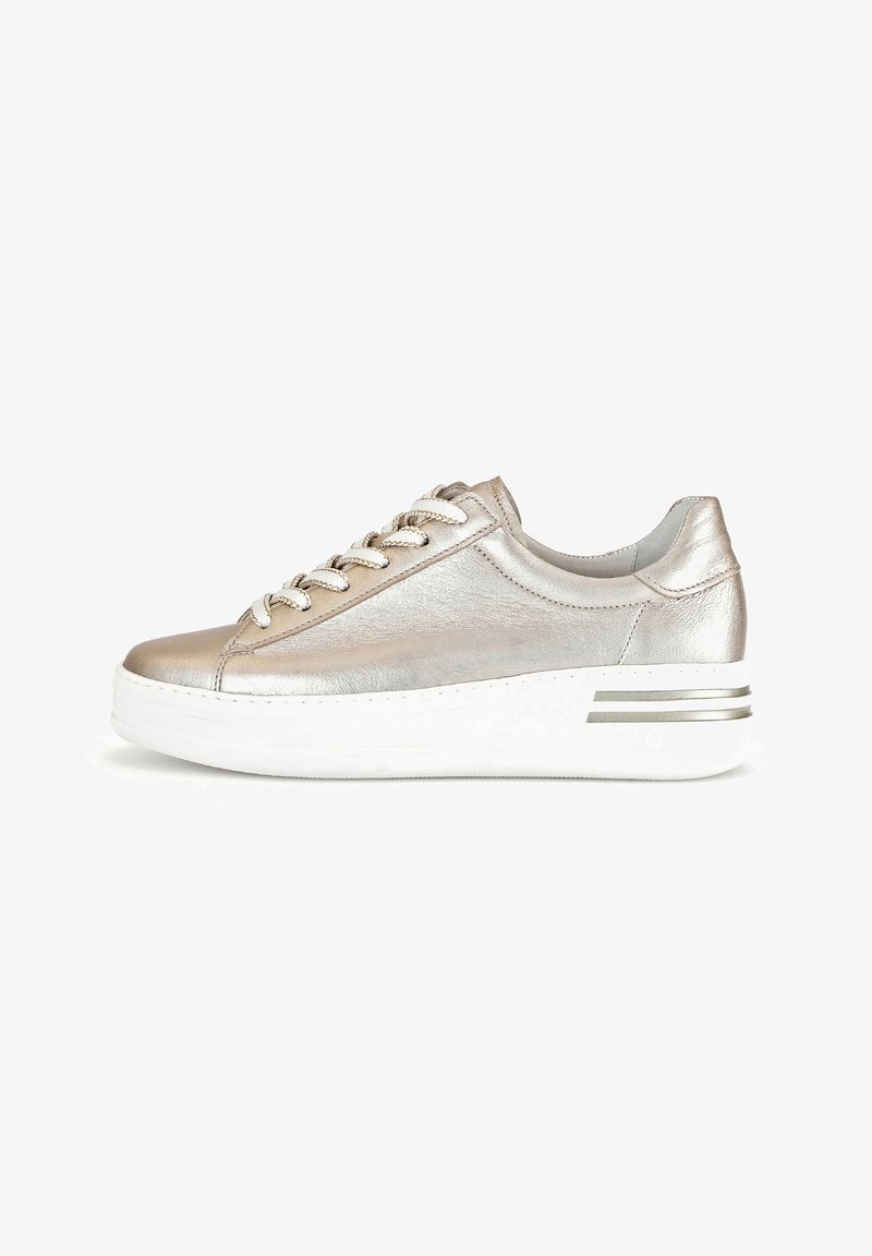 Metallic gold sneaker with a smooth texture, white platform sole, and decorative silver stripe. Lace-up design with rounded toe.