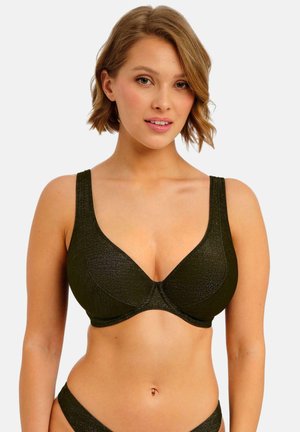 Olivgrüner BH aus strukturiertem Stoff, mit dreiteiligem Cup-Design, breiten Trägern und verstärkten Nähten für besseren Halt.