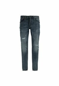Jeans de denim azul oscuro con corte ajustado, con parches desgastados y un ligero desvanecimiento. Diseño clásico de cinco bolsillos con cierre de botón.