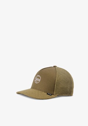 Cap made of olive green fabric, featuring a flat brim, textured mesh sides, and a circular logo embroidered on the front panel.