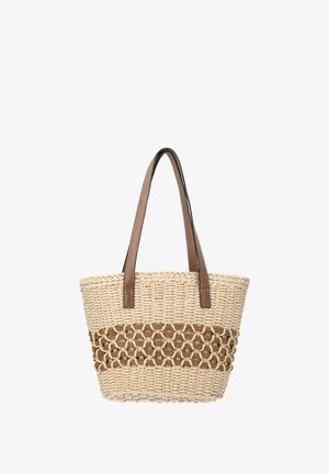 Woven straw tote bag with brown woven band detail and two brown leather shoulder straps, set against a white background.