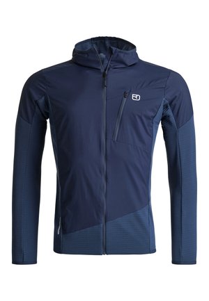 Herren-Sportjacke in Marineblau mit durchgehendem Reißverschluss, Kapuze, Brust-Reißverschlusstasche und kontrastierenden Stoffeinsätzen an Ärmeln und Seiten.