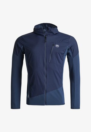Herren-Sportjacke in Marineblau mit durchgehendem Reißverschluss, Kapuze, Brust-Reißverschlusstasche und kontrastierenden Stoffeinsätzen an Ärmeln und Seiten.