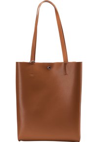 Borsa a spalla in pelle marrone con texture liscia, due manici lunghi, apertura superiore e un piccolo dettaglio in metallo argentato al centro.