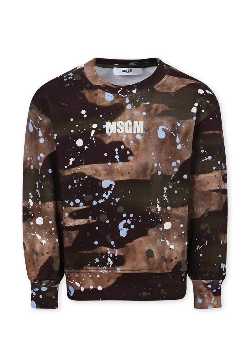 Bruine en zwarte trui met patroon, voorzien van spetters in lichtblauw en wit, geribde manchetten en een ronde halslijn met het "MSGM" logo.
