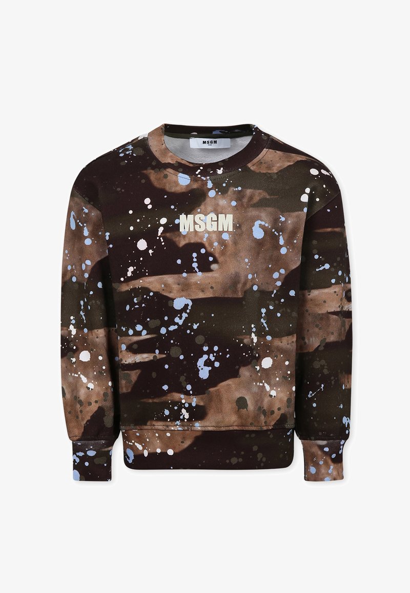 Felpa a motivi marroni e neri con schizzi di azzurro chiaro e bianco, polsini a costine e scollo rotondo con logo "MSGM".