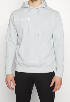 Felpa grigia chiara con tasca frontale. Presenta la scritta bianca "PARIS" sul petto e "SAINT-GERMAIN" all'orlo. Tessuto morbido, design a fusibile.