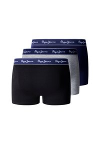Tre par herre-boxershorts i sort, grå og marineblå, hver med en marineblå taljebånd med mærket "Pepe Jeans" i hvid skrift.