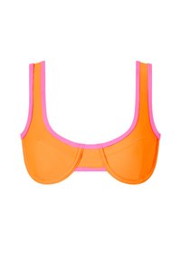 Oranje bikinitop met roze bies, voorzien van onderliggende cups, brede bandjes en een gladde textuur. Ontworpen voor een gestructureerde pasvorm.